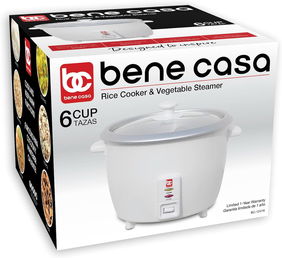 Bene Casa - Rice Cooker with Glass Lid - Includes Nonstick Aluminum Inner Pot and a 12 Hour Keep Warm Feature - Cooks Up to 12 Cups of Rice (6 Cups Uncooked) BC-12416