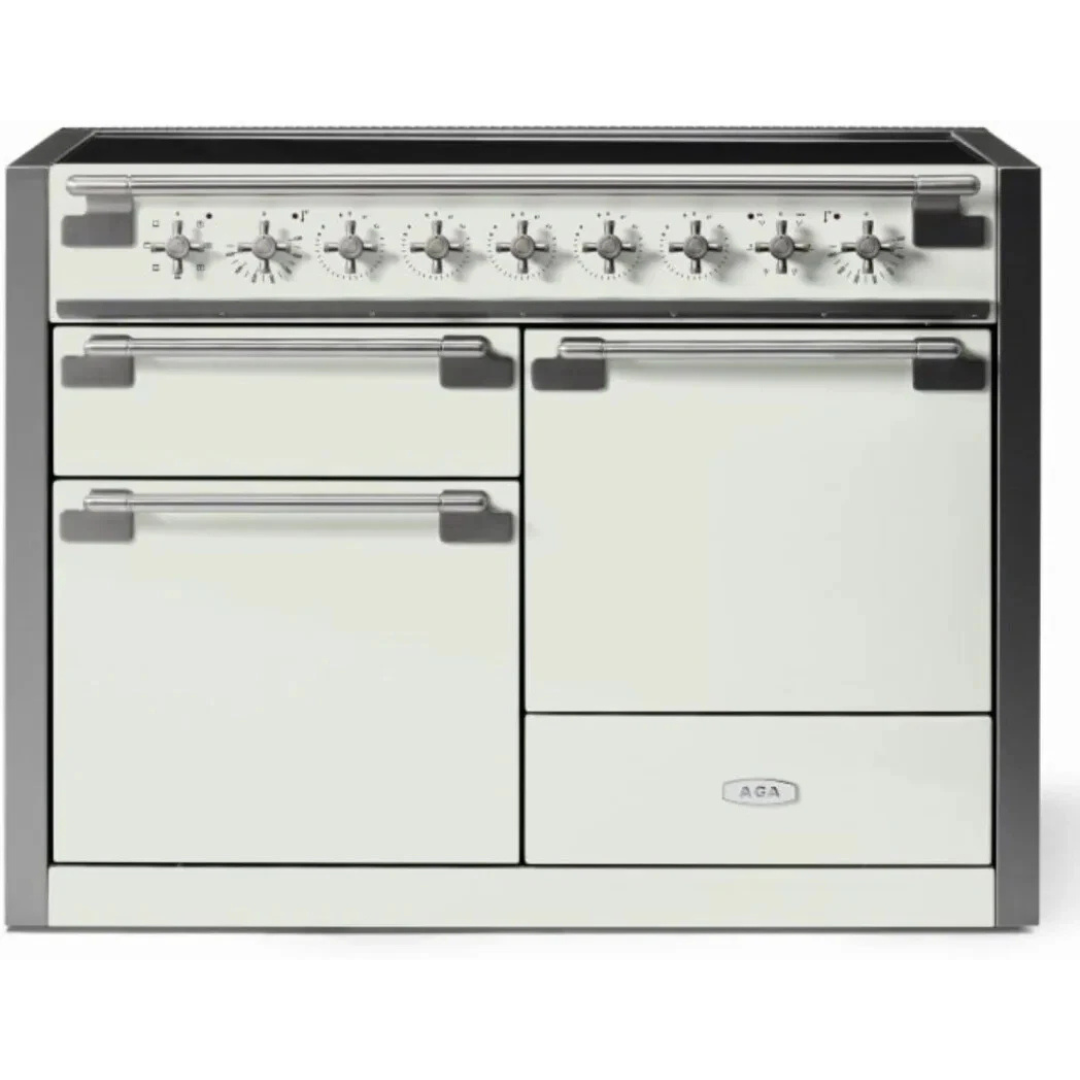 AGA Elise Series Classic Color Collection AEL481INABWHT 48 Inch Freestanding Induction Range with 5 Elements, Triple Oven, 6 cu. ft. Total Oven Capacity, Storage Drawer, EasyClean™ Technology, and Antique Brass Trim: White