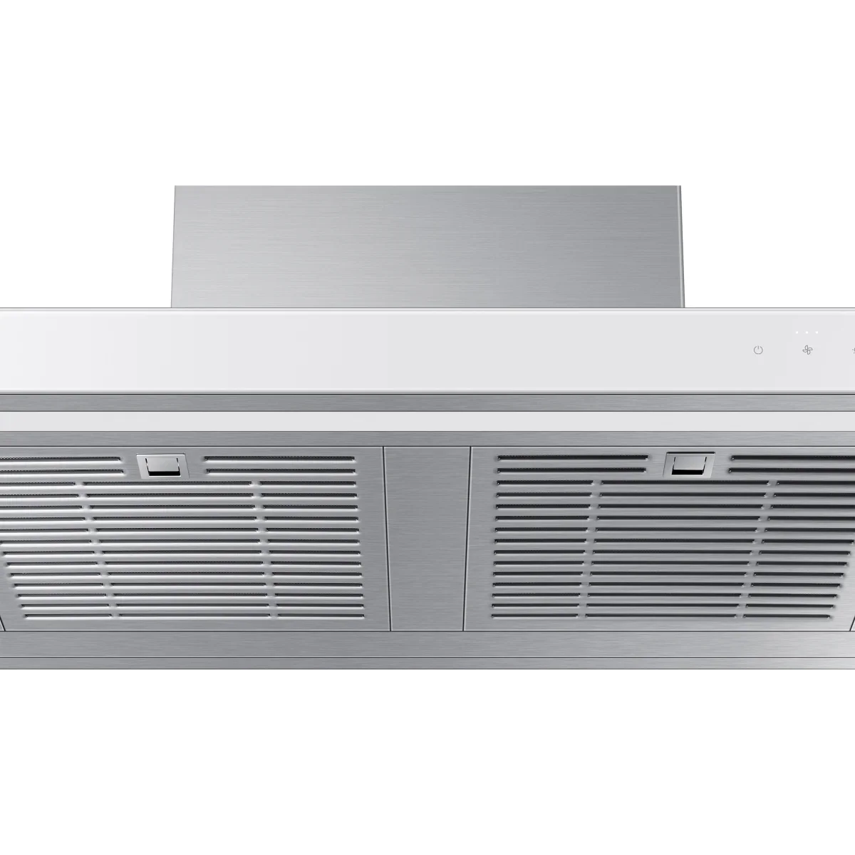 Samsung BESPOKE NK30CB600W12 30 Inch Smart Wall Mount Chimney Range Hood with 630 CFM Fan, 4 Speeds, 52 dBA, Wi-Fi Connectivity, LED Bar Lighting, Touch Controls, Dishwasher Safe Baffle Filters, and ADA Compliance: Clean White Panel