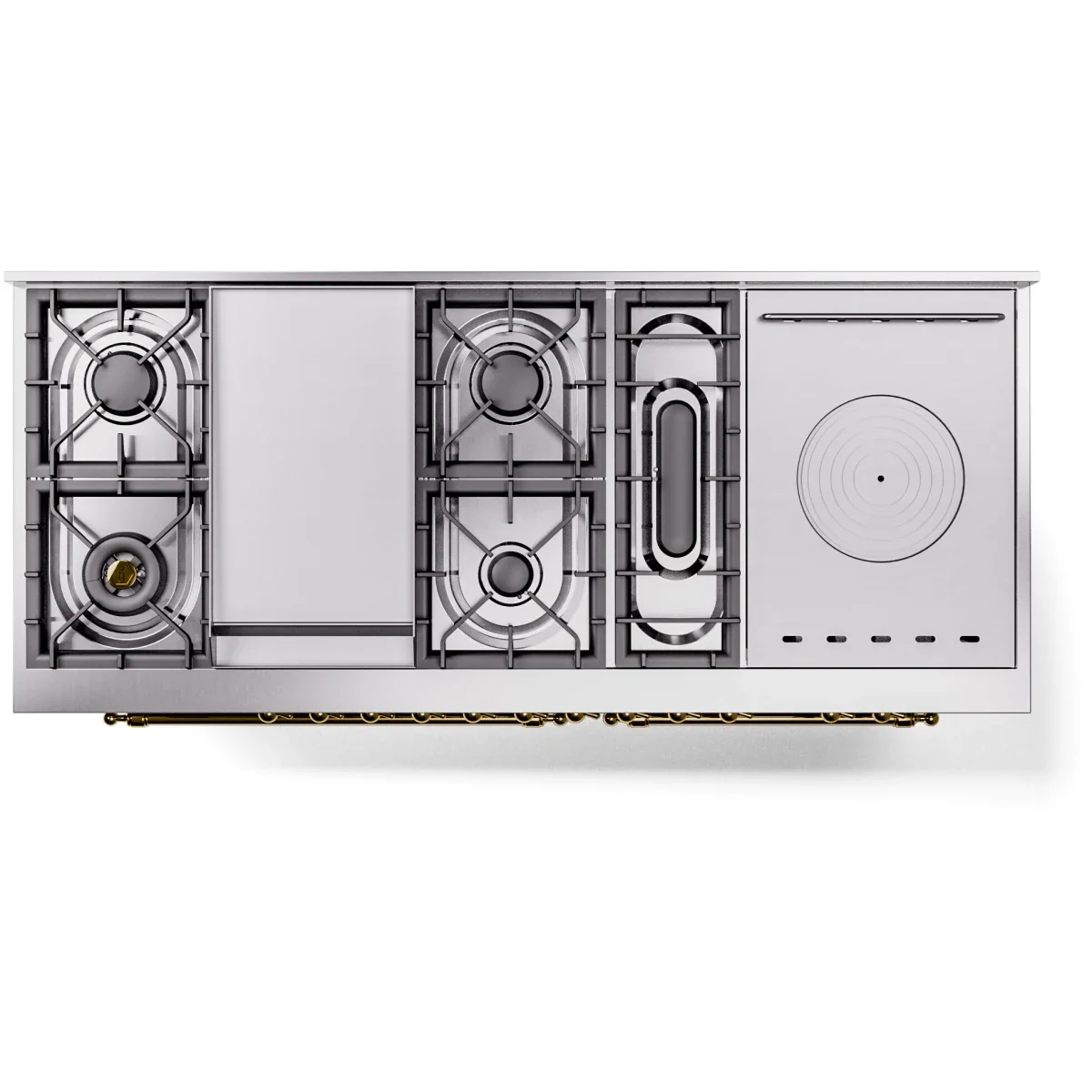 Ilve Nostalgie II Collection UP60FSNMPSSG 60 Inch Freestanding Dual Fuel Range with 7 Sealed Burners, 5.8 cu. ft. Total Capacity, Storage Drawer, Griddle, and French Top: Stainless Steel, Brass Trim, Triple Glass Door
