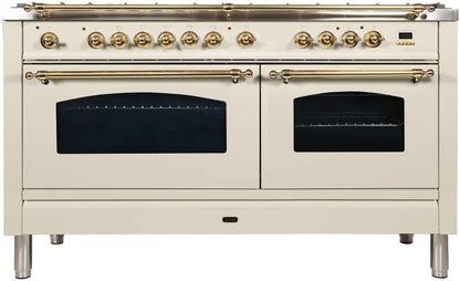 ILVE 60" Nostalgie Dual Fuel Range 8 Burner Griddle Antique White Brass NG UPN150FDMPA + KCN150G + 2 year cps warranty under $10,000