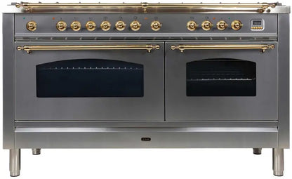 ILVE 60" Nostalgie Dual Fuel Range 8 Burner Griddle Stainless Steel Brass LP UPN150FDMPILP + KCN150G