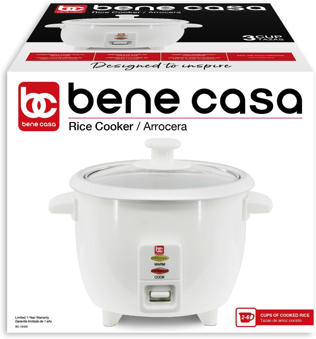 Bene Casa White Rice Cooker, 3 Cup (uncooked)/ 6 cup (cooked) Arrocera Blanca Electrica, 3 Medidas sin Cocinar, 6 Medidas Cocinada. BC-12420