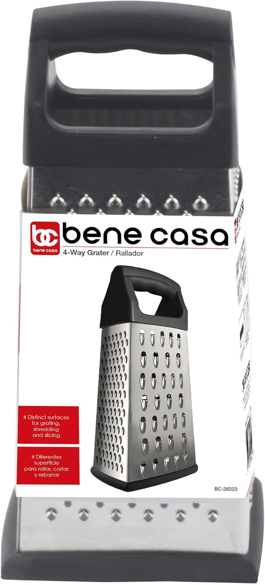 Bene Casa hand-held, 4-way grater, stainless-steel blade grater, comfort handle grater, easy to use, 4-cut grater for cheese, fruit and more. BC-26023