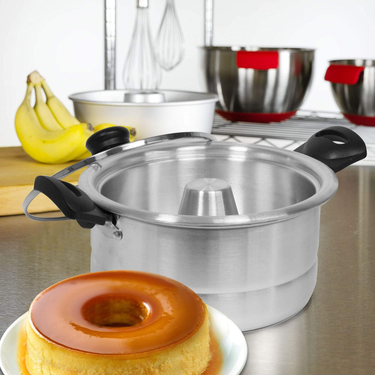 Bene Casa - Aluminum Flan Mold Double Boiler with Glass Lid (1.6 Liter) - Includes Aluminum Inner Pan (8") - Dishwasher Safe BC-58378