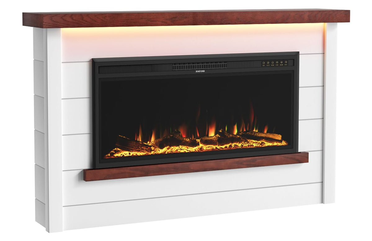 Nexfurn 60" Electric Fireplace with Mantel, Fireplace TV Stand with 42”Electric Fireplace Heater, Remote Control, Shiplap-Style Surround with Multi-Colors Effects for Living Room Bedroom, White