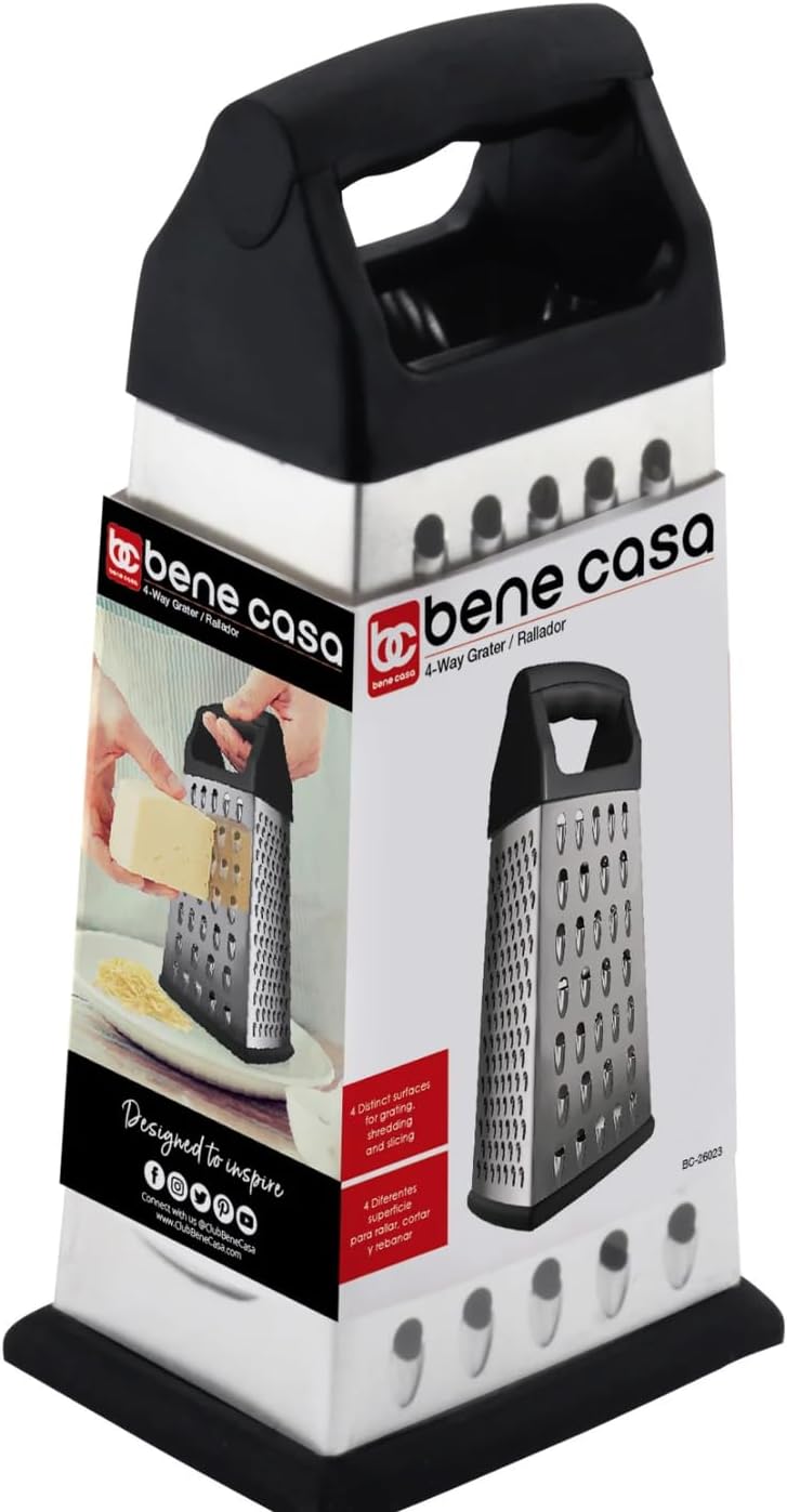 Bene Casa hand-held, 4-way grater, stainless-steel blade grater, comfort handle grater, easy to use, 4-cut grater for cheese, fruit and more. BC-26023