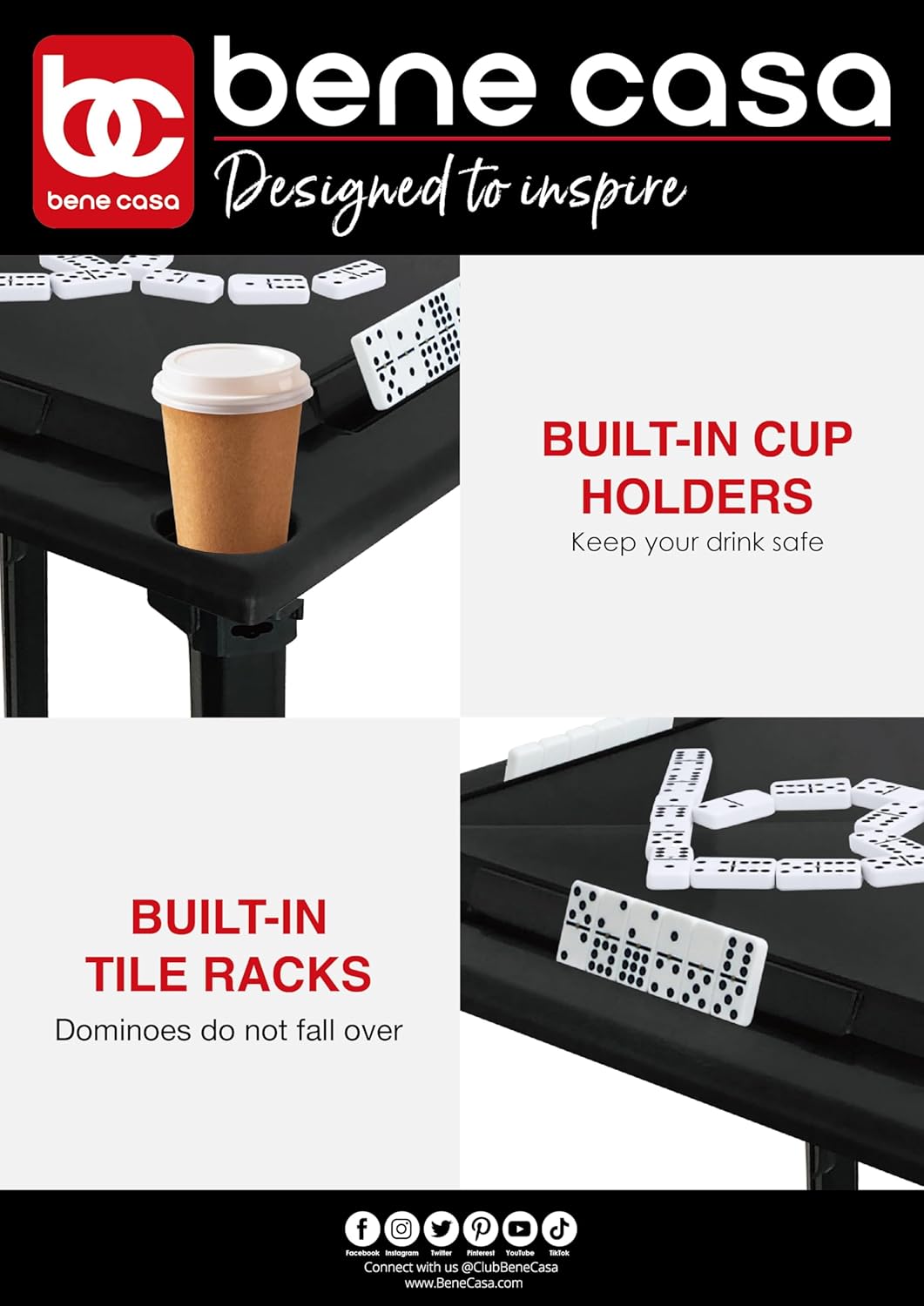 Bene Casa - Black Indoor & Outdoor Domino and Game Table Includes Domino and Scrabble Tile Racks and Cup Holders - Table Legs are Removable for Easy Storage - Mesa de Juego
