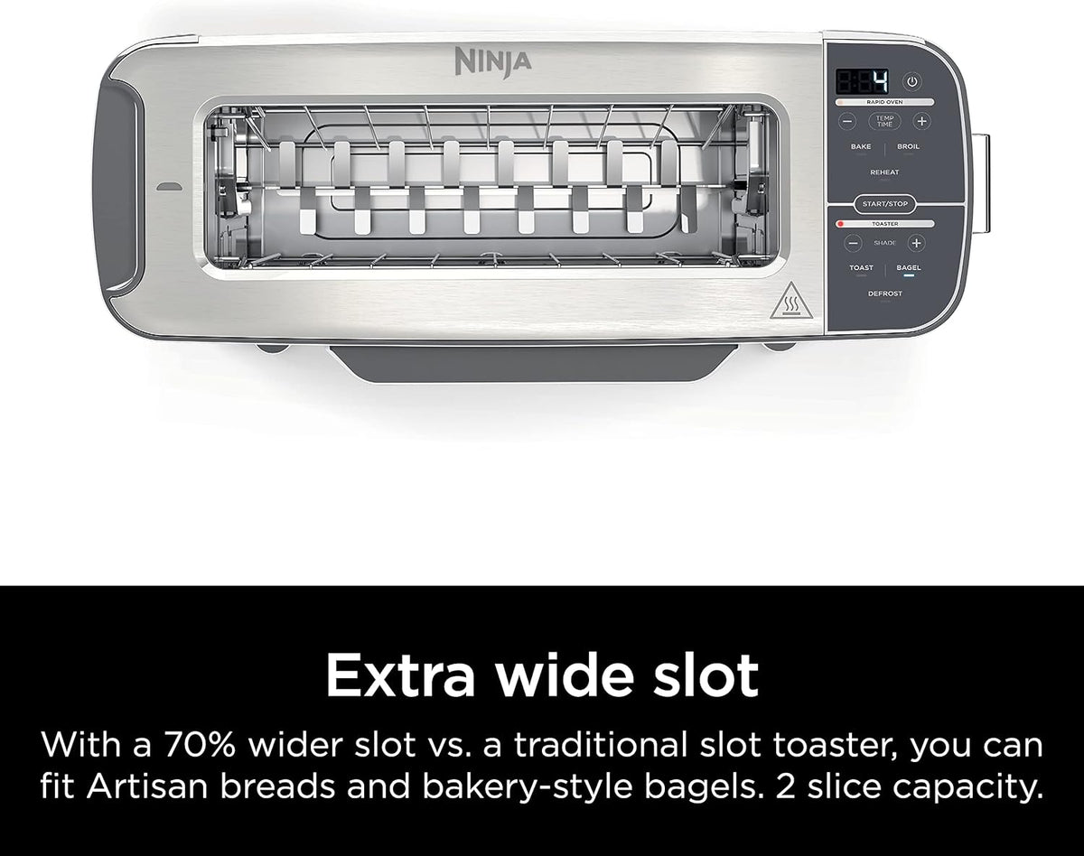 Ninja ST101 Foodi 2-in-1 Flip Toaster, 2-Slice Capacity, Compact Toaster Oven, Snack Maker, Reheat, Defrost, 1500 Watts, Stainless Steel, 6 Functions