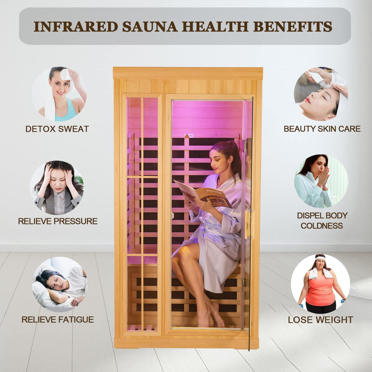 Kanlanth 1-2 Person Infrared Sauna, Hemlock Wood Low EMF Far Infrared Saunas for Home, APP Control 1350w Indoor Personal Sauna Room with Blue-Tooth, 7 Color Therapy Light, 7 Heating Panels