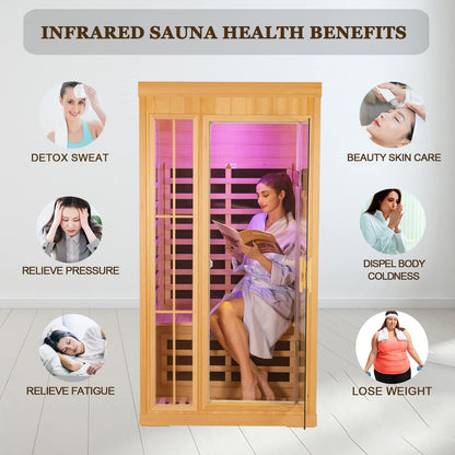 Kanlanth 1-2 Person Infrared Sauna, Hemlock Wood Low EMF Far Infrared Saunas for Home, APP Control 1350w Indoor Personal Sauna Room with Blue-Tooth, 7 Color Therapy Light, 7 Heating Panels