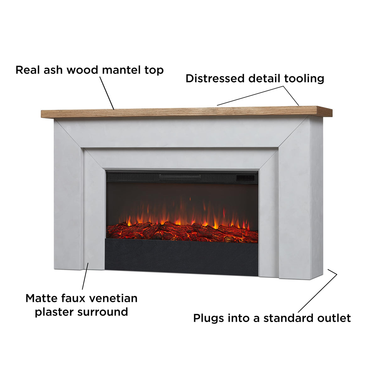 Real Flame Malie 68" Landscape Electric Fireplace with Mantel for Living Room or Bedroom, Replaceable Fireplace Insert Heater, Realistic Log and Flame Effect, Remote Control, Timer - Venetian Gray