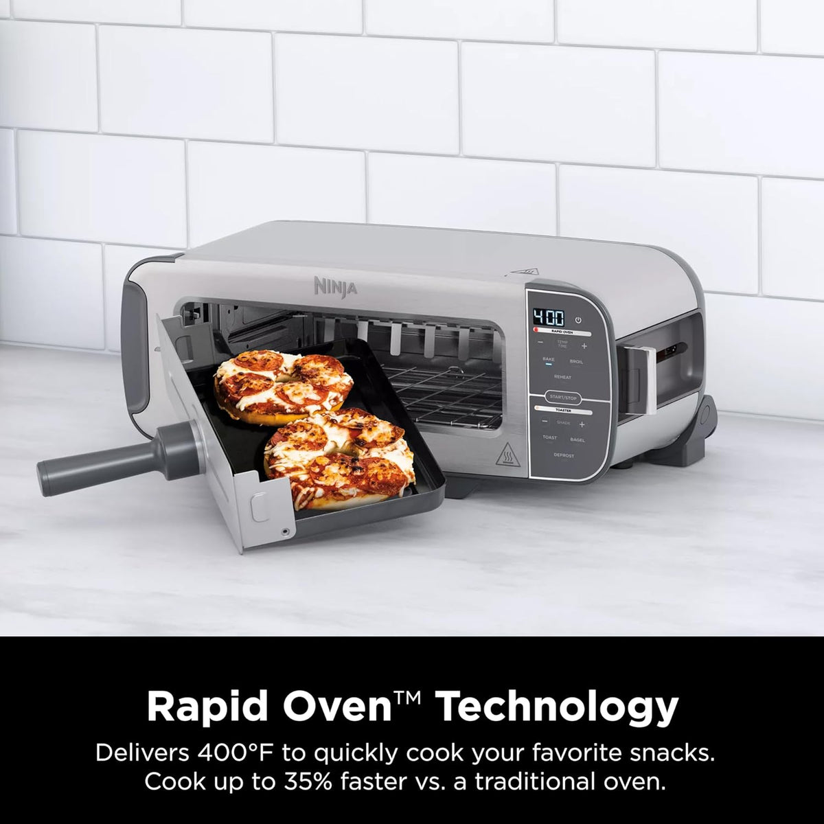 Ninja ST101 Foodi 2-in-1 Flip Toaster, 2-Slice Capacity, Compact Toaster Oven, Snack Maker, Reheat, Defrost, 1500 Watts, Stainless Steel, 6 Functions