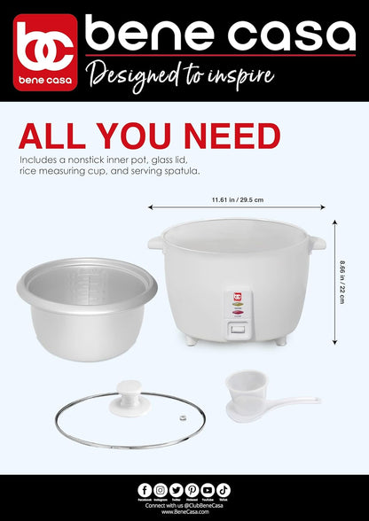 Bene Casa - Rice Cooker with Glass Lid - Includes Nonstick Aluminum Inner Pot and a 12 Hour Keep Warm Feature - Cooks Up to 12 Cups of Rice (6 Cups Uncooked) BC-12416