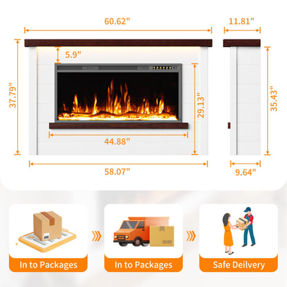 Nexfurn 60" Electric Fireplace with Mantel, Fireplace TV Stand with 42”Electric Fireplace Heater, Remote Control, Shiplap-Style Surround with Multi-Colors Effects for Living Room Bedroom, White