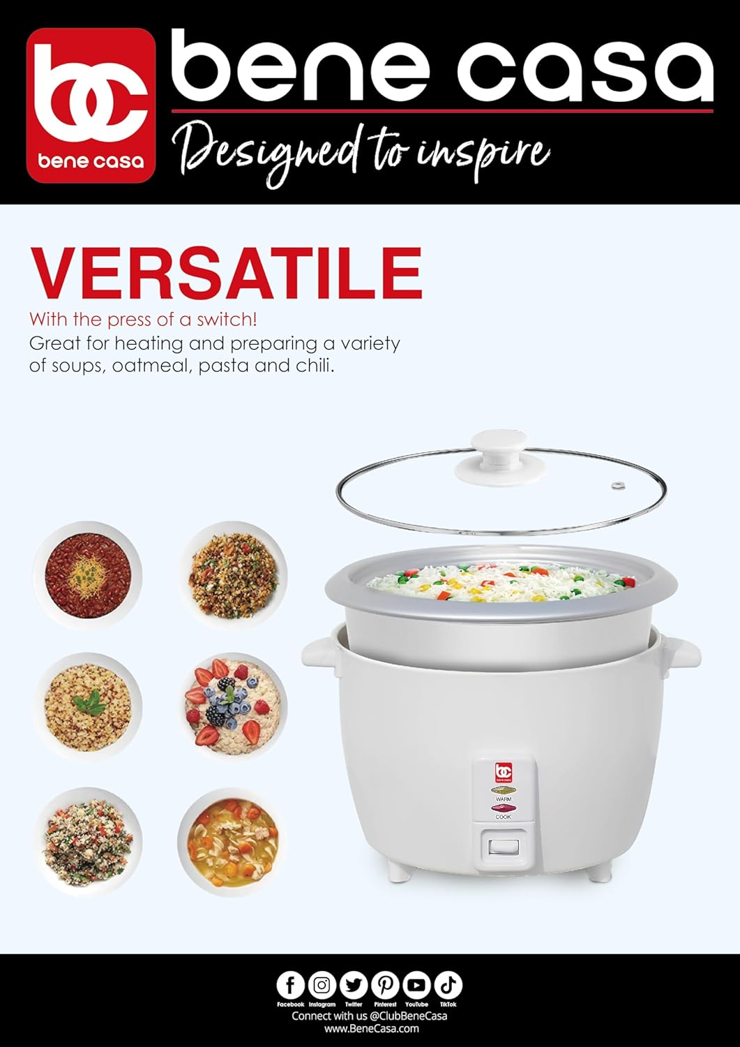 Bene Casa - Rice Cooker with Glass Lid - Includes Nonstick Aluminum Inner Pot and a 12 Hour Keep Warm Feature - Cooks Up to 12 Cups of Rice (6 Cups Uncooked) BC-12416