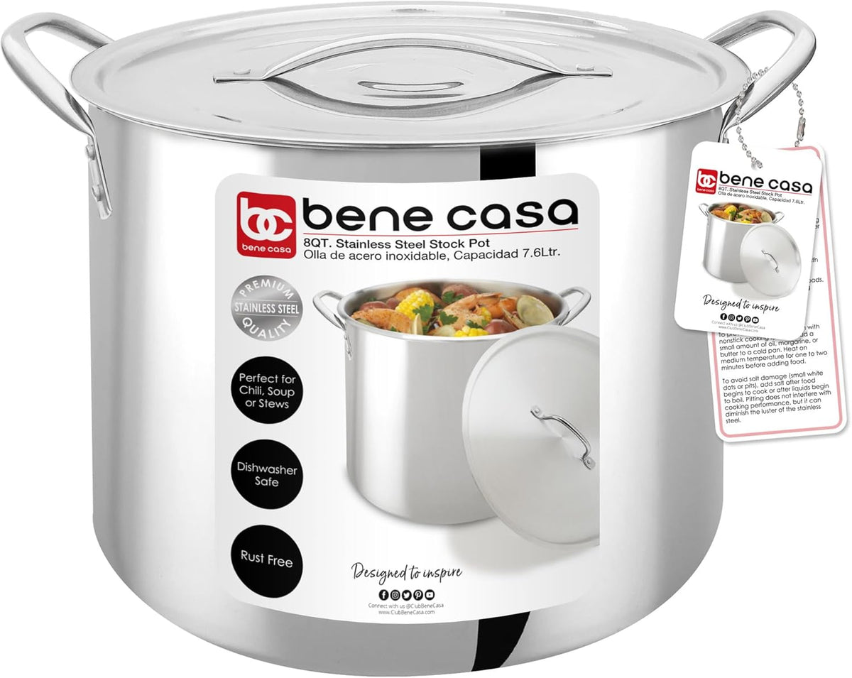 Bene Casa Stainless-Steel Stock Pot with lid, 8-quart capacity stock pot, reinforced bottom stainless-steel stock pot BC-16450