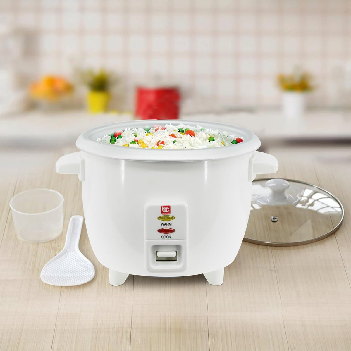 Bene Casa White Rice Cooker, 3 Cup (uncooked)/ 6 cup (cooked) Arrocera Blanca Electrica, 3 Medidas sin Cocinar, 6 Medidas Cocinada. BC-12420