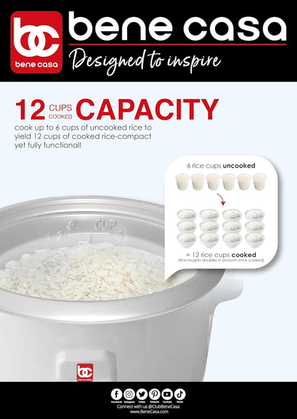Bene Casa - Rice Cooker with Glass Lid - Includes Nonstick Aluminum Inner Pot and a 12 Hour Keep Warm Feature - Cooks Up to 12 Cups of Rice (6 Cups Uncooked) BC-12416
