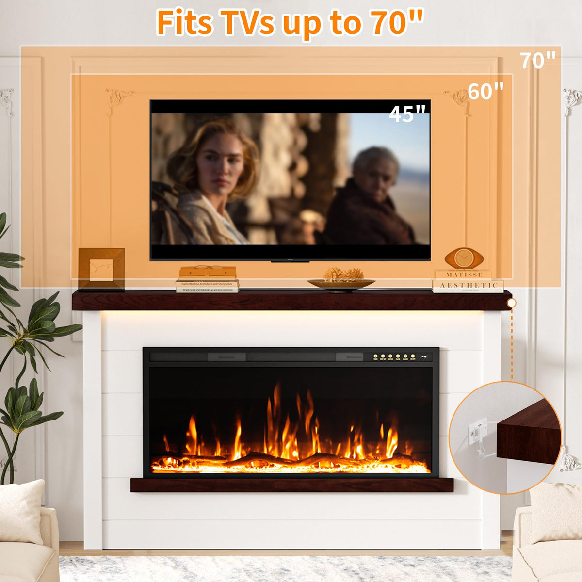 Nexfurn 60" Electric Fireplace with Mantel, Fireplace TV Stand with 42”Electric Fireplace Heater, Remote Control, Shiplap-Style Surround with Multi-Colors Effects for Living Room Bedroom, White