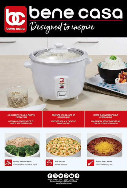 Bene Casa - Rice Cooker with Glass Lid - Includes Nonstick Aluminum Inner Pot and a 12 Hour Keep Warm Feature - Cooks Up to 12 Cups of Rice (6 Cups Uncooked) BC-12416