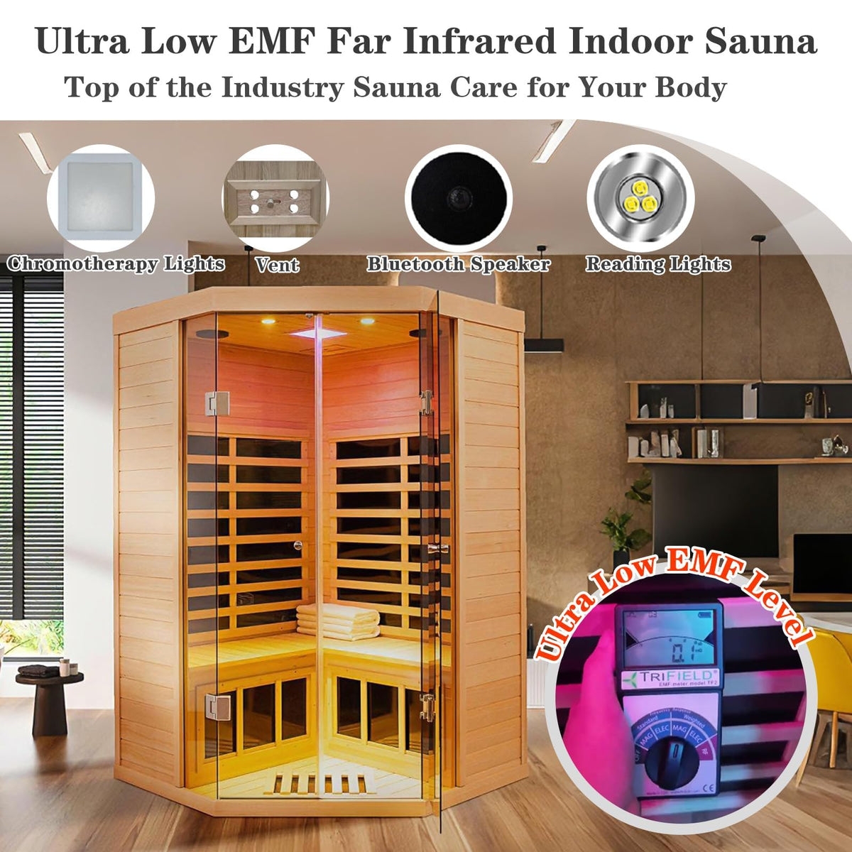 Smart Indoor Home Sauna 0-5mG Ultra Low Emf Far Infrared Sauna 2-3 Person, 1520w Hemlock Wooden Saunas Room with APP & LCD Control Panel, Bluetooth Speaker, Chromotherapy Lights, Thermal Cover