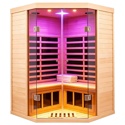 Smart Indoor Home Sauna 0-5mG Ultra Low Emf Far Infrared Sauna 2-3 Person, 1520w Hemlock Wooden Saunas Room with APP & LCD Control Panel, Bluetooth Speaker, Chromotherapy Lights, Thermal Cover