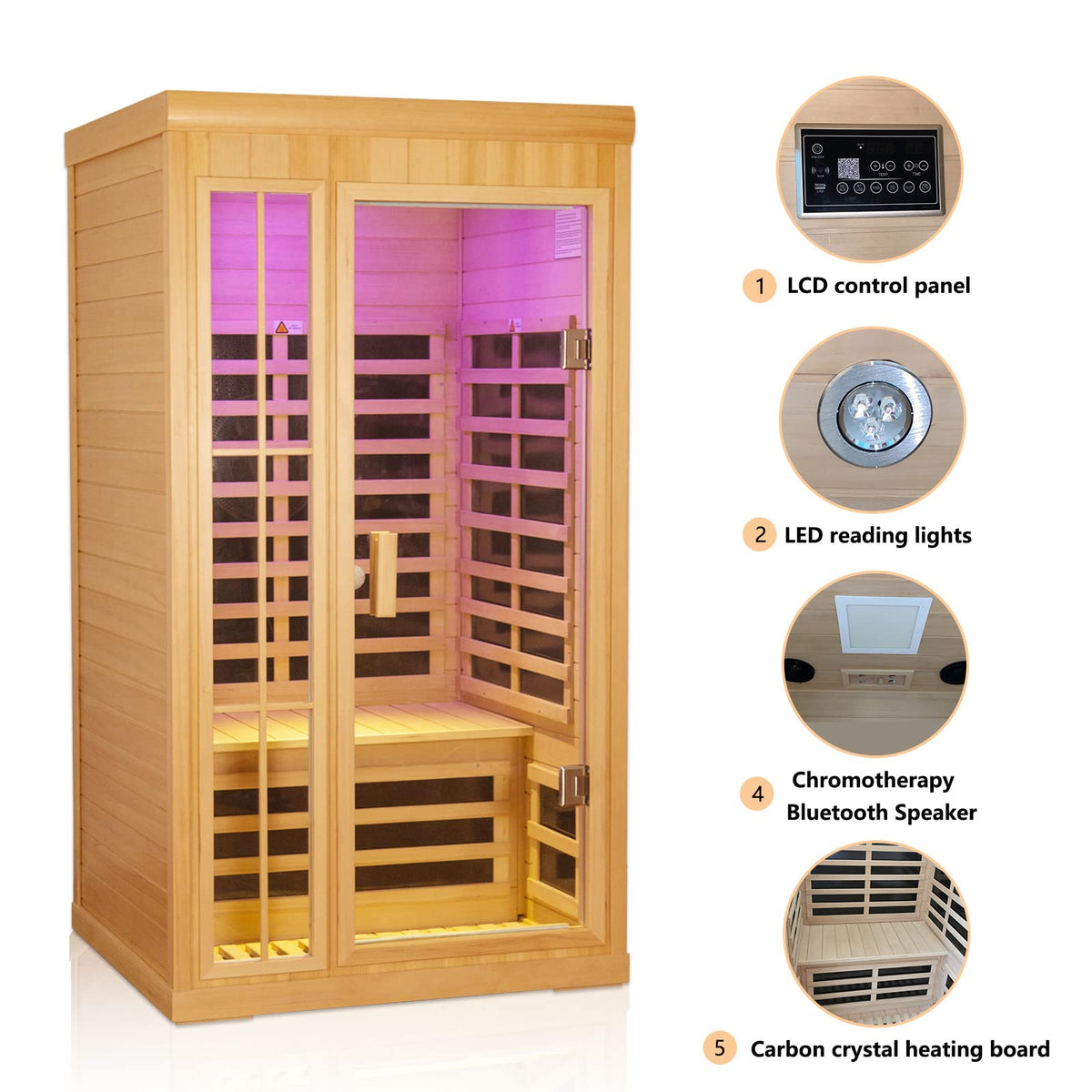 Kanlanth 1-2 Person Infrared Sauna, Hemlock Wood Low EMF Far Infrared Saunas for Home, APP Control 1350w Indoor Personal Sauna Room with Blue-Tooth, 7 Color Therapy Light, 7 Heating Panels