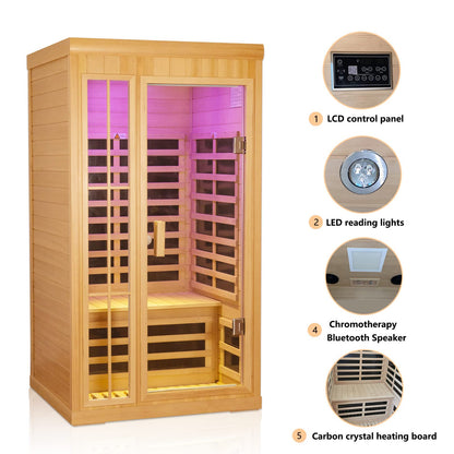 Kanlanth 1-2 Person Infrared Sauna, Hemlock Wood Low EMF Far Infrared Saunas for Home, APP Control 1350w Indoor Personal Sauna Room with Blue-Tooth, 7 Color Therapy Light, 7 Heating Panels
