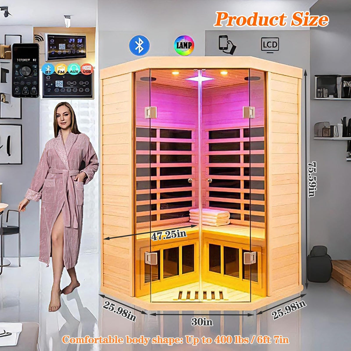 Smart Indoor Home Sauna 0-5mG Ultra Low Emf Far Infrared Sauna 2-3 Person, 1520w Hemlock Wooden Saunas Room with APP & LCD Control Panel, Bluetooth Speaker, Chromotherapy Lights, Thermal Cover