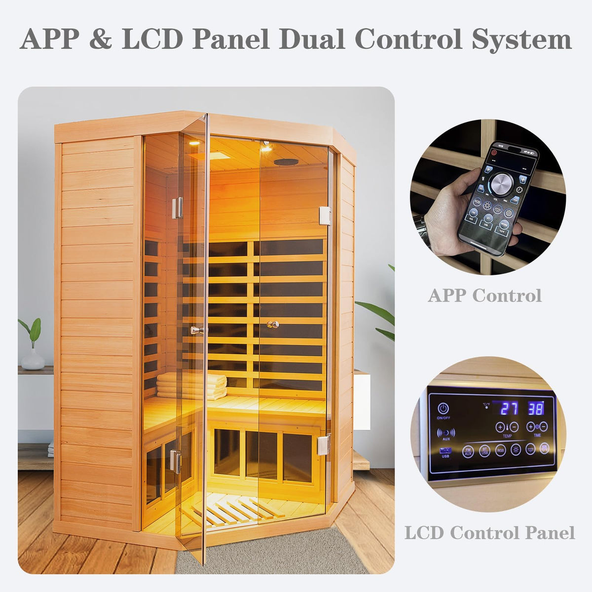 Smart Indoor Home Sauna 0-5mG Ultra Low Emf Far Infrared Sauna 2-3 Person, 1520w Hemlock Wooden Saunas Room with APP & LCD Control Panel, Bluetooth Speaker, Chromotherapy Lights, Thermal Cover