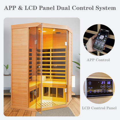 Smart Indoor Home Sauna 0-5mG Ultra Low Emf Far Infrared Sauna 2-3 Person, 1520w Hemlock Wooden Saunas Room with APP & LCD Control Panel, Bluetooth Speaker, Chromotherapy Lights, Thermal Cover