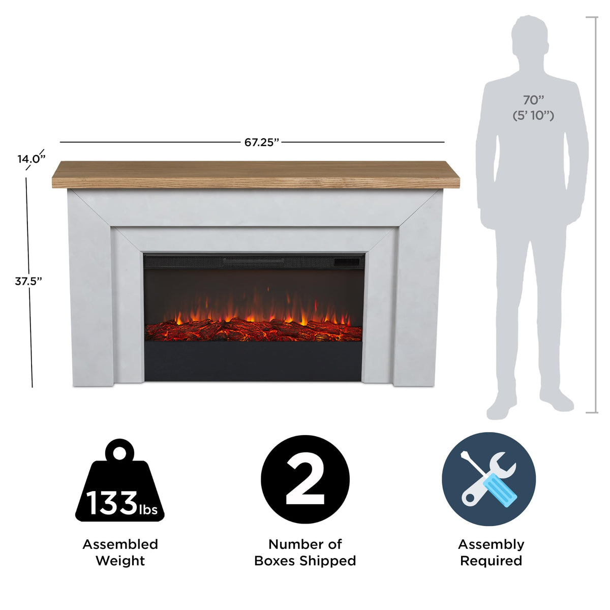Real Flame Malie 68" Landscape Electric Fireplace with Mantel for Living Room or Bedroom, Replaceable Fireplace Insert Heater, Realistic Log and Flame Effect, Remote Control, Timer - Venetian Gray