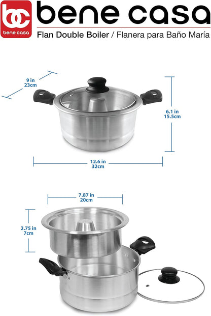 Bene Casa - Aluminum Flan Mold Double Boiler with Glass Lid (1.6 Liter) - Includes Aluminum Inner Pan (8") - Dishwasher Safe BC-58378