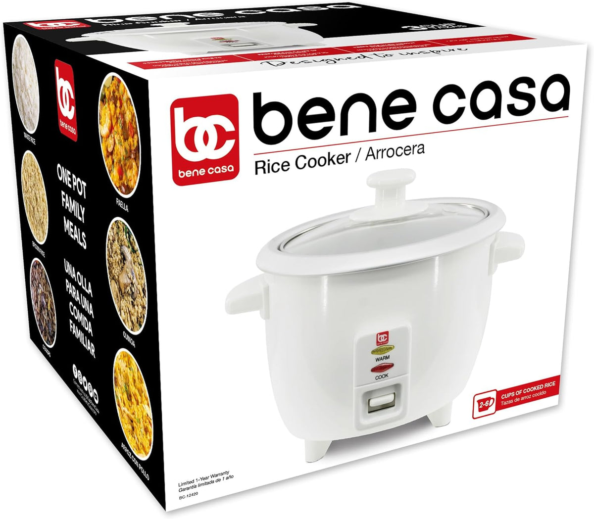 Bene Casa White Rice Cooker, 3 Cup (uncooked)/ 6 cup (cooked) Arrocera Blanca Electrica, 3 Medidas sin Cocinar, 6 Medidas Cocinada. BC-12420