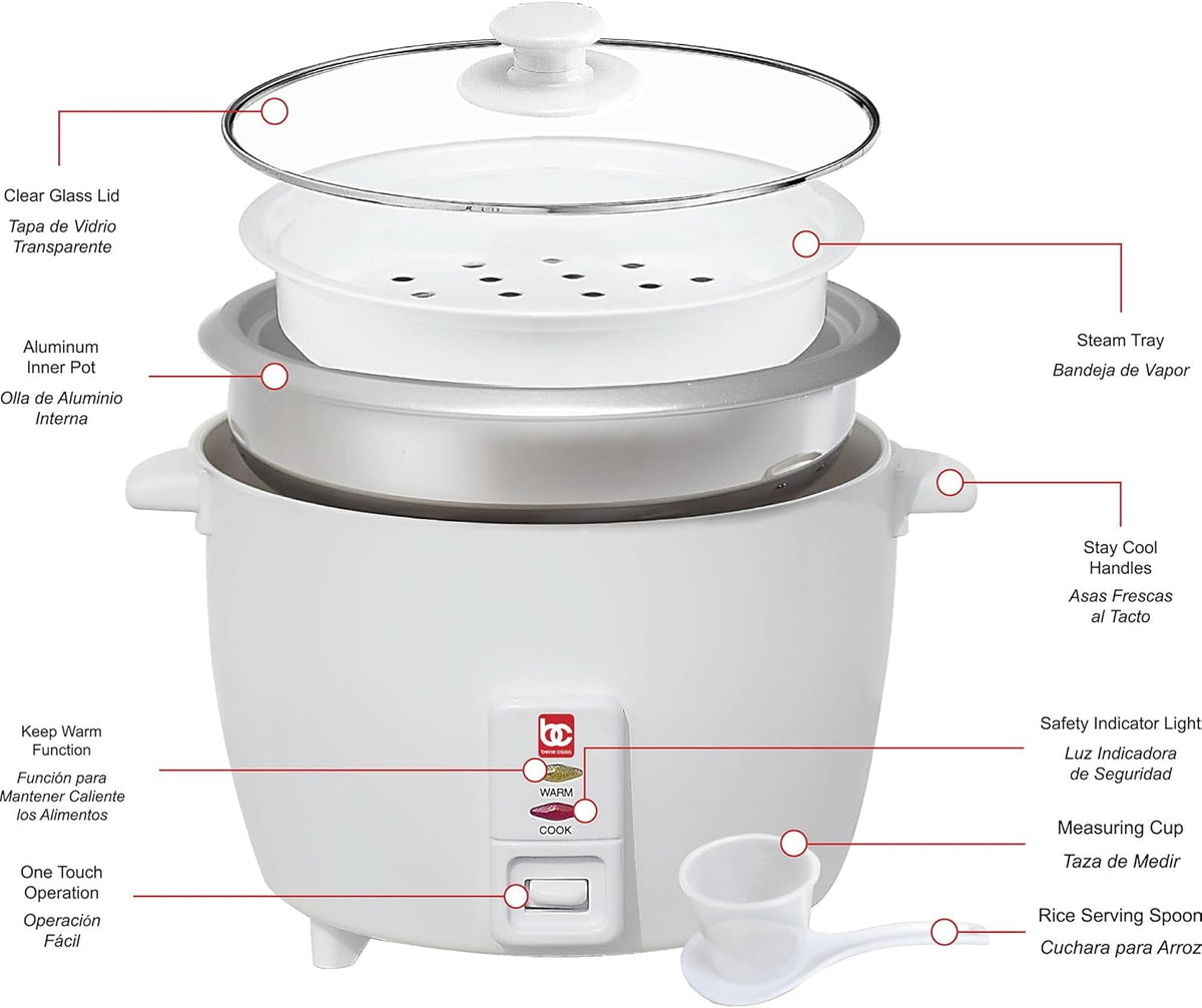 Bene Casa - Rice Cooker with Glass Lid - Includes Nonstick Aluminum Inner Pot and a 12 Hour Keep Warm Feature - Cooks Up to 12 Cups of Rice (6 Cups Uncooked) BC-12416