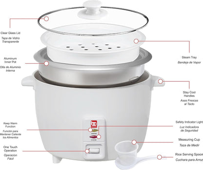 Bene Casa - Rice Cooker with Glass Lid - Includes Nonstick Aluminum Inner Pot and a 12 Hour Keep Warm Feature - Cooks Up to 12 Cups of Rice (6 Cups Uncooked) BC-12416