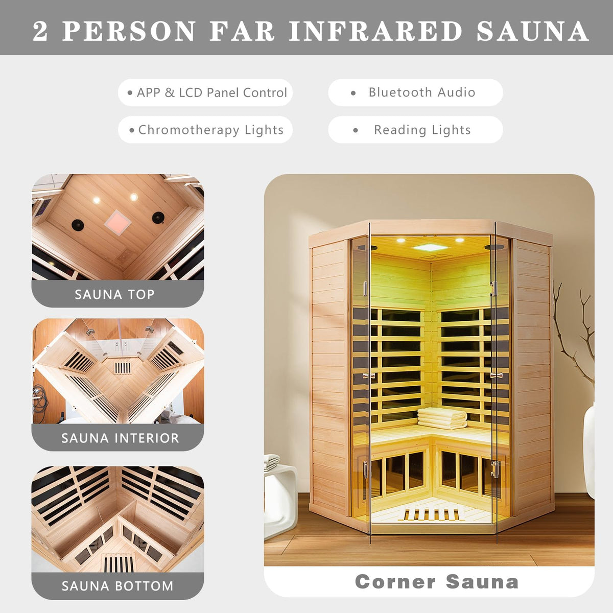 Smart Indoor Home Sauna 0-5mG Ultra Low Emf Far Infrared Sauna 2-3 Person, 1520w Hemlock Wooden Saunas Room with APP & LCD Control Panel, Bluetooth Speaker, Chromotherapy Lights, Thermal Cover