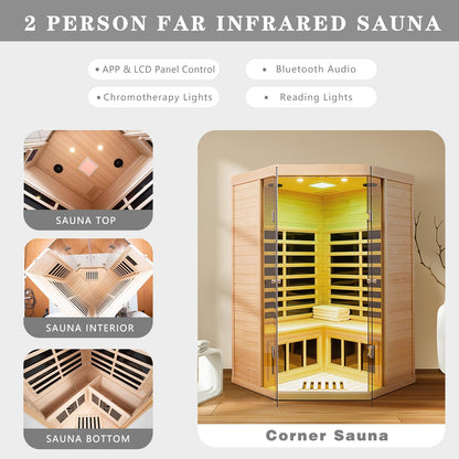 Smart Indoor Home Sauna 0-5mG Ultra Low Emf Far Infrared Sauna 2-3 Person, 1520w Hemlock Wooden Saunas Room with APP & LCD Control Panel, Bluetooth Speaker, Chromotherapy Lights, Thermal Cover