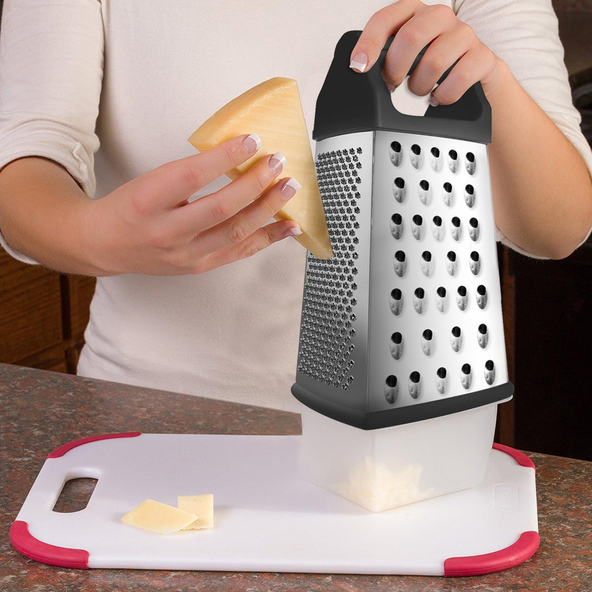 Bene Casa hand-held, 4-way grater, stainless-steel blade grater, comfort handle grater, easy to use, 4-cut grater for cheese, fruit and more. BC-26023