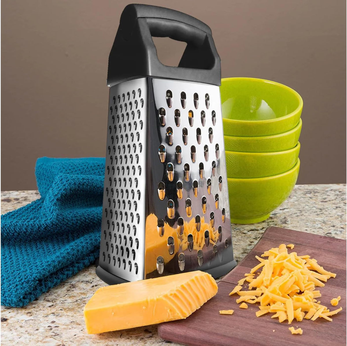 Bene Casa hand-held, 4-way grater, stainless-steel blade grater, comfort handle grater, easy to use, 4-cut grater for cheese, fruit and more. BC-26023