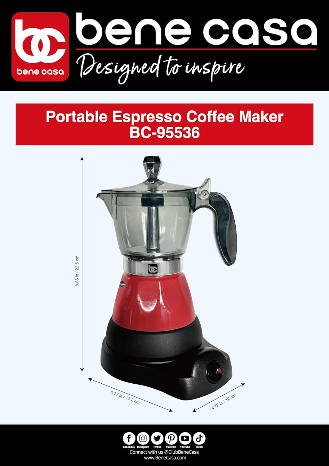 Bene Casa Portable Electric Espresso Maker/Cafetera, 1-3 Cups/Shots