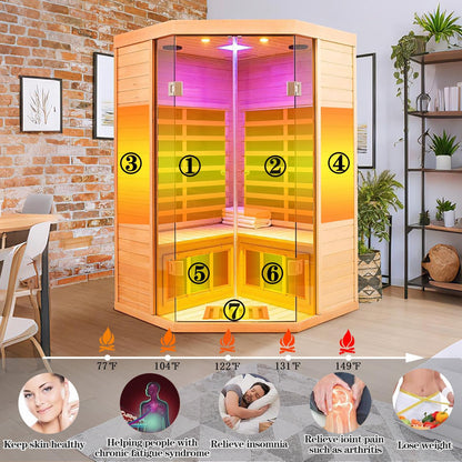 Smart Indoor Home Sauna 0-5mG Ultra Low Emf Far Infrared Sauna 2-3 Person, 1520w Hemlock Wooden Saunas Room with APP & LCD Control Panel, Bluetooth Speaker, Chromotherapy Lights, Thermal Cover