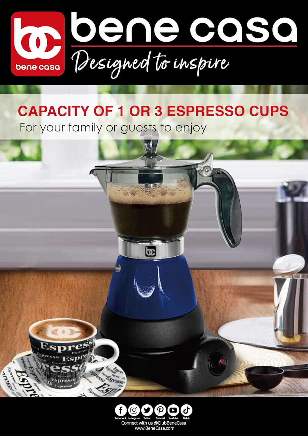 Bene Casa Portable Electric Espresso Maker/Cafetera, 1-3 Cups/Shots