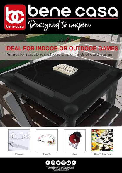 Bene Casa - Black Indoor & Outdoor Domino and Game Table Includes Domino and Scrabble Tile Racks and Cup Holders - Table Legs are Removable for Easy Storage - Mesa de Juego