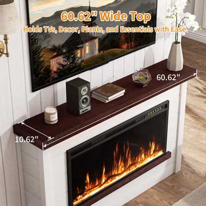 Nexfurn 60" Electric Fireplace with Mantel, Fireplace TV Stand with 42”Electric Fireplace Heater, Remote Control, Shiplap-Style Surround with Multi-Colors Effects for Living Room Bedroom, White