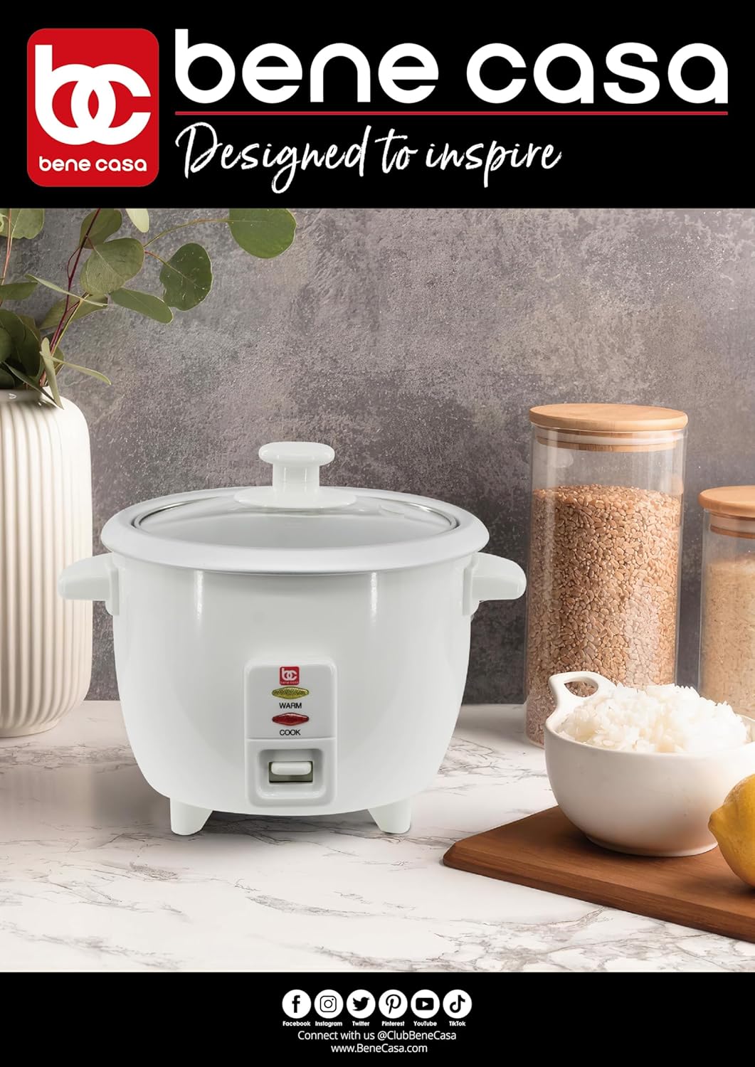 Bene Casa - Rice Cooker with Glass Lid - Includes Nonstick Aluminum Inner Pot and a 12 Hour Keep Warm Feature - Cooks Up to 12 Cups of Rice (6 Cups Uncooked) BC-12416