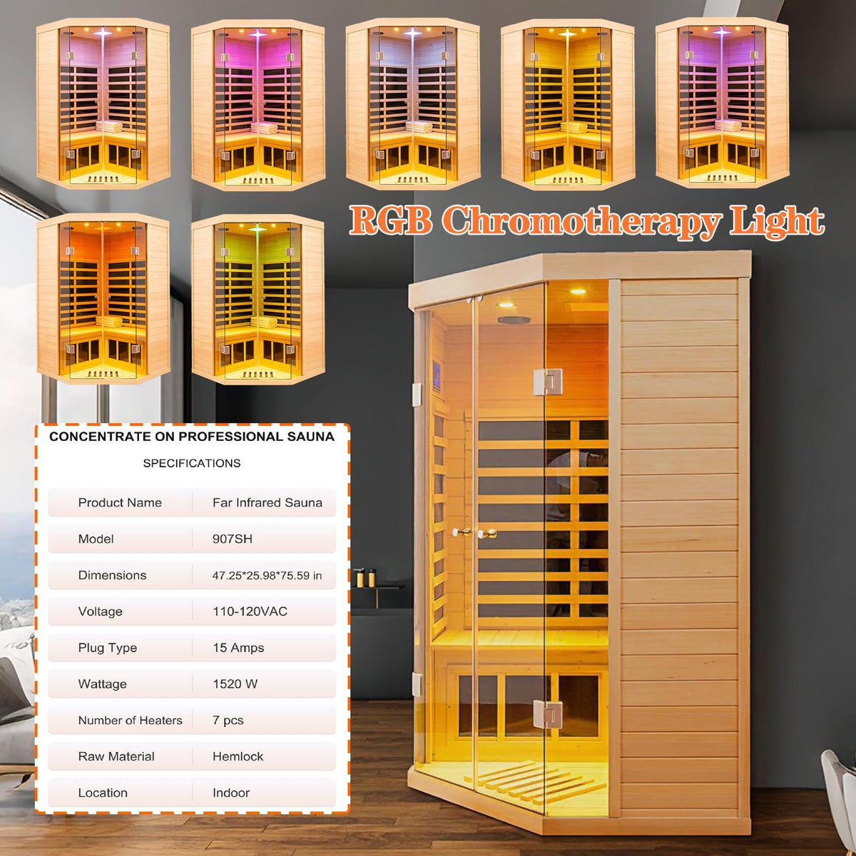 Smart Indoor Home Sauna 0-5mG Ultra Low Emf Far Infrared Sauna 2-3 Person, 1520w Hemlock Wooden Saunas Room with APP & LCD Control Panel, Bluetooth Speaker, Chromotherapy Lights, Thermal Cover