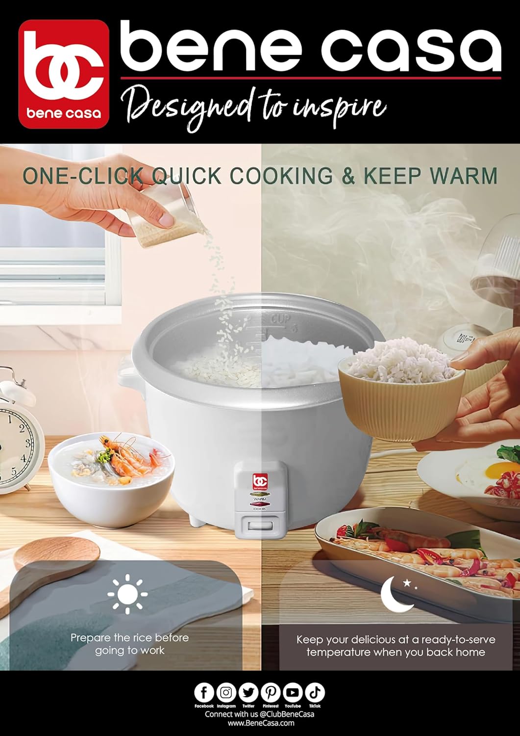 Bene Casa - Rice Cooker with Glass Lid - Includes Nonstick Aluminum Inner Pot and a 12 Hour Keep Warm Feature - Cooks Up to 12 Cups of Rice (6 Cups Uncooked) BC-12416