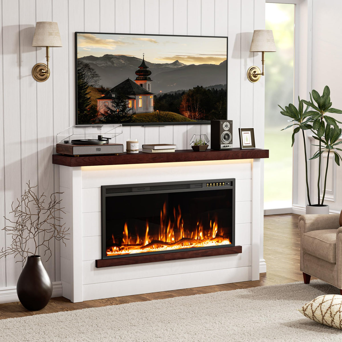 Nexfurn 60" Electric Fireplace with Mantel, Fireplace TV Stand with 42”Electric Fireplace Heater, Remote Control, Shiplap-Style Surround with Multi-Colors Effects for Living Room Bedroom, White